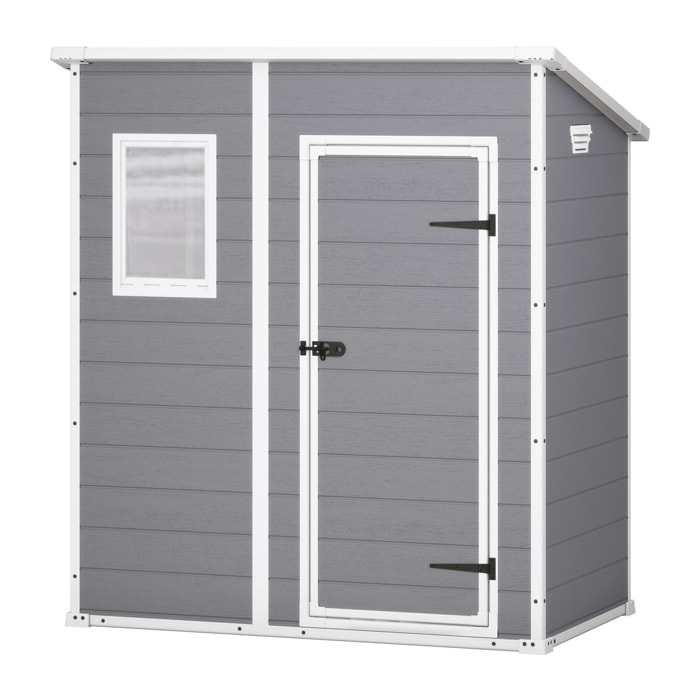 Manor Pent 6x4- Casetta da Giardino 183,50x200,50x111 cm 1 Anta per deposito attrezzi finitura effetto legno graffiato in Resina Grigio