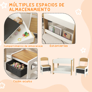 Juego de Mesa y 2 Sillas Infantiles Mesa con Sillas para Niños 2 en 1 con Pizarra Cajones de Tela y Espacio de Almacenamiento para Guardería Sala de Juegos Blanco y Natural