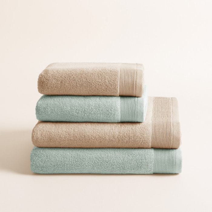 Lot de 4 serviettes Harmony bicolores sable-aqua - Zero Twist - 600 grammes