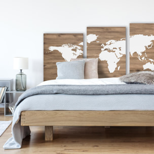 Tête de lit triptyque en bois massif avec imprimée motif 'White World Map' en ton chêne foncé, différentes tailles Hauteur: 80 Longueur: 180 Largeur: 4.2