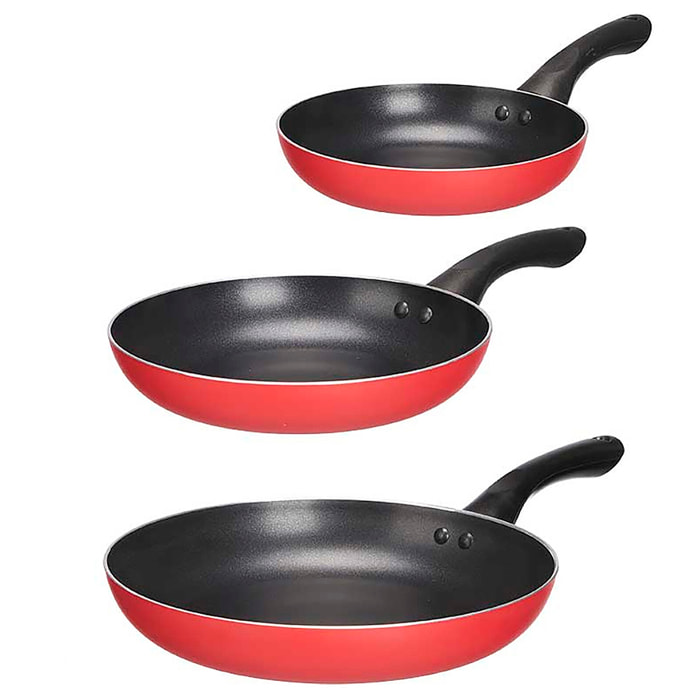 Set di 3 padelle antiaderenti in alluminio rosso.