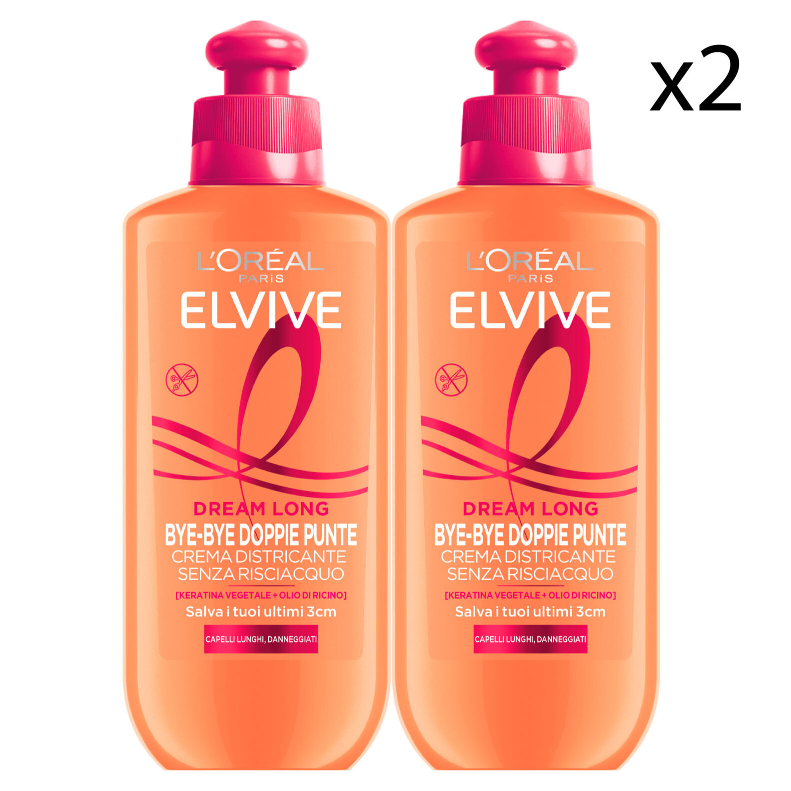 2x Crema per Capelli Bye Bye Doppie Punte Elvive Dream Long Districante Termoprotettiva Senza Risciacquo con Keratina Vegetale e Olio di Ricino per Capelli Lunghi e Danneggiati - 2 Flaconi da 200ml
