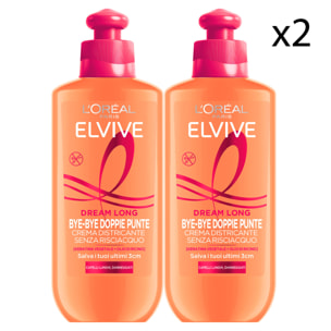 2x Crema per Capelli Bye Bye Doppie Punte Elvive Dream Long Districante Termoprotettiva Senza Risciacquo con Keratina Vegetale e Olio di Ricino per Capelli Lunghi e Danneggiati - 2 Flaconi da 200ml