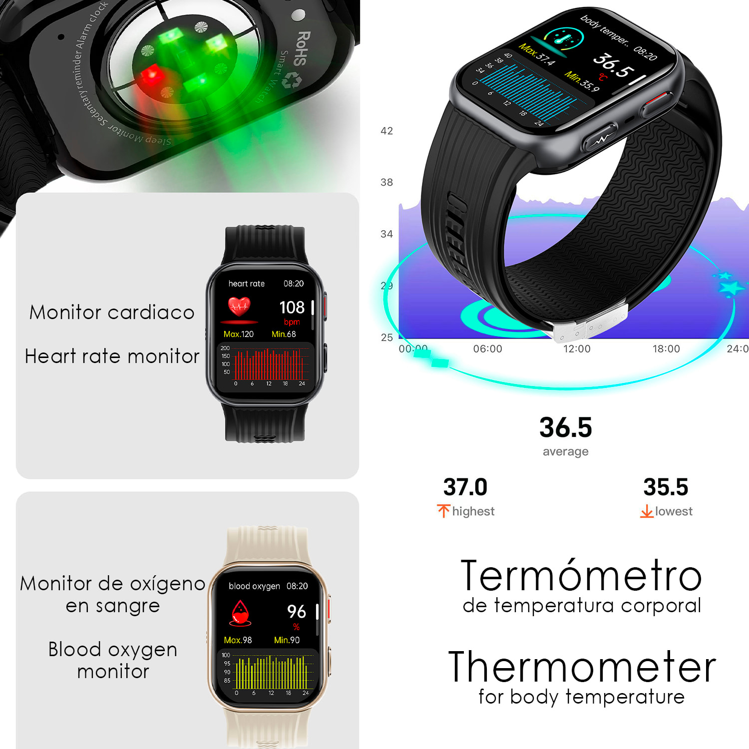Smartwatch TK67. Llamadas Bluetooth con funciones avanzadas de salud: temperatura corporal, ECG, micro examen físico y presión arterial mediante bomba de inflado y bolsa de aire.