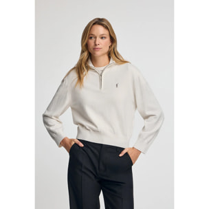 Maglione ecrù in misto lana con collo con mezza cerniera e ricamo Rigby Go
