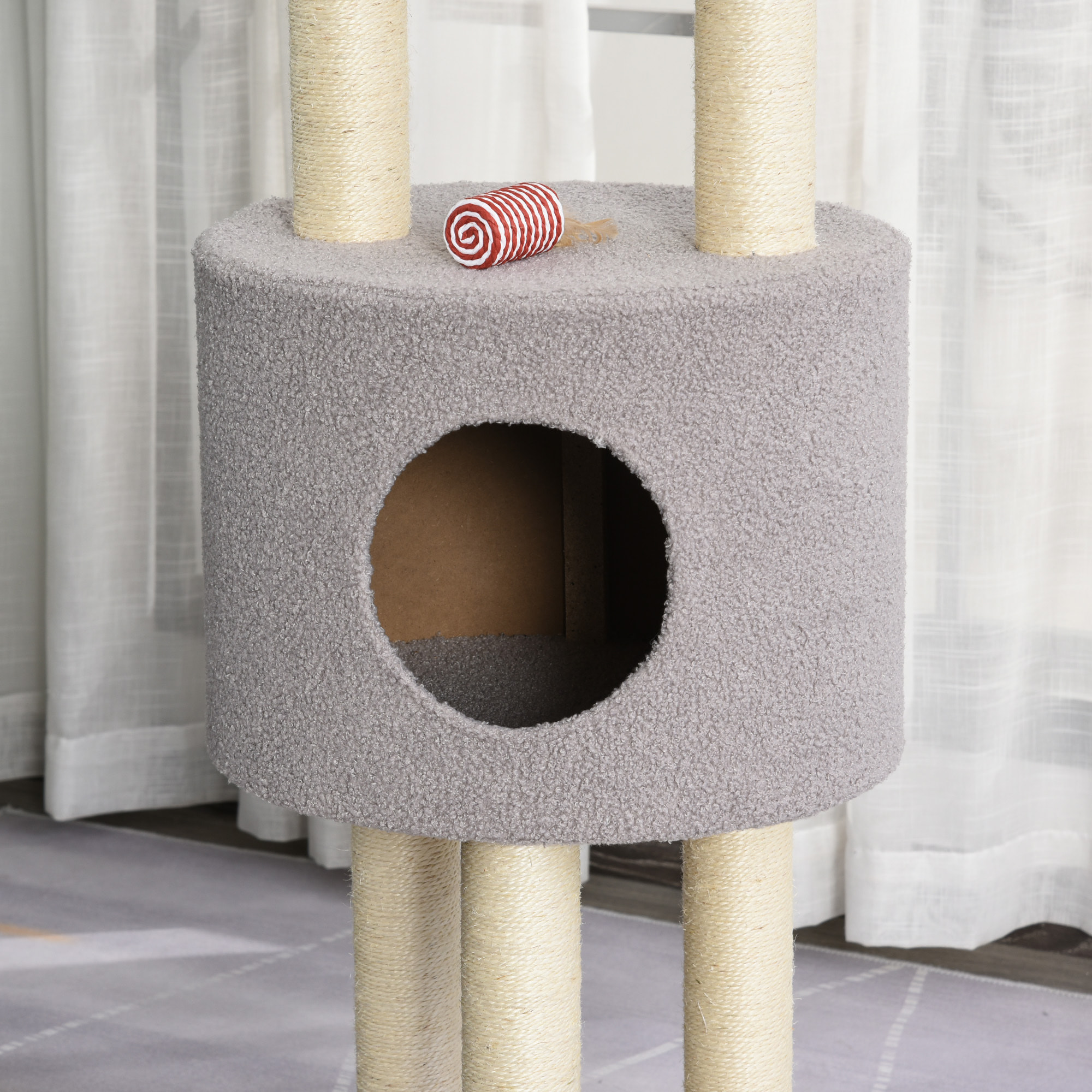 PawHut Arbre à Chats avec Griffoir Niche Poteaux Peluche Haute Densité 45L x 40L x 148H cm Gris