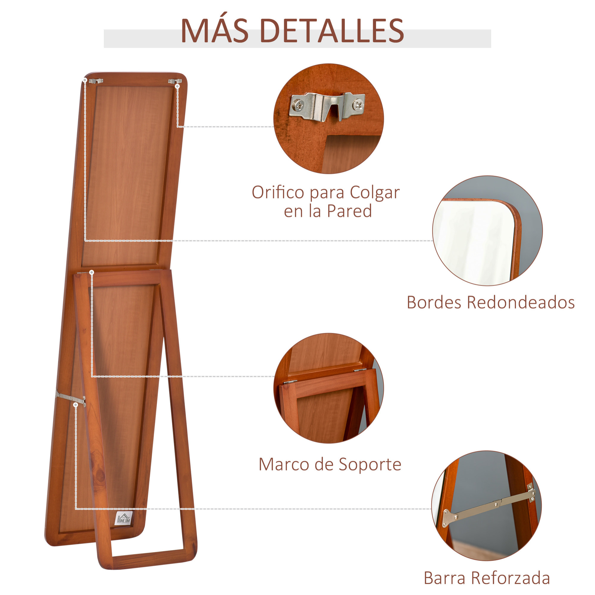 HOMCOM Espejo de Pie Cuerpo Entero Rectangular Espejo de Pared con 2 Formas de Uso Marco de Madera de Pino Moderno para Pasillo Dormitorio Sala de Estar 37x43x156 cm Nogal