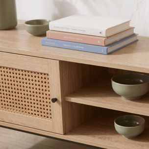 Meuble TV 2 portes en cannage et effet chêne - IRIS