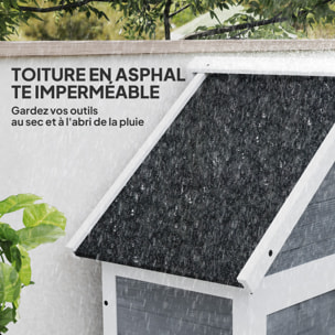 Ensemble armoire de jardin avec coffre extérieur assorti - 2 + 2 portes - 3 + 1 étagères - toit bitumé noir bois gris blanc