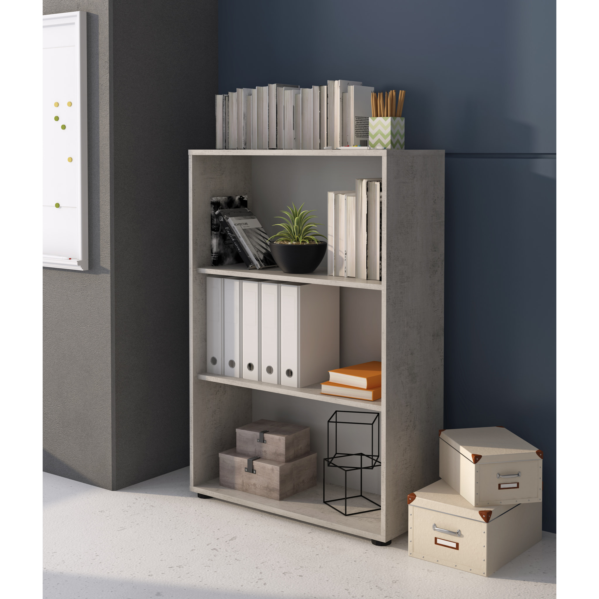 Set Ufficio Completo Con 2 Scrivanie 1 Modulo Ad Angolo 1 Cassettiera Con Ruote 2 Armadi Alto e Basso 2 Librerie Alta E Bassa Bianco E Grigio Cemento