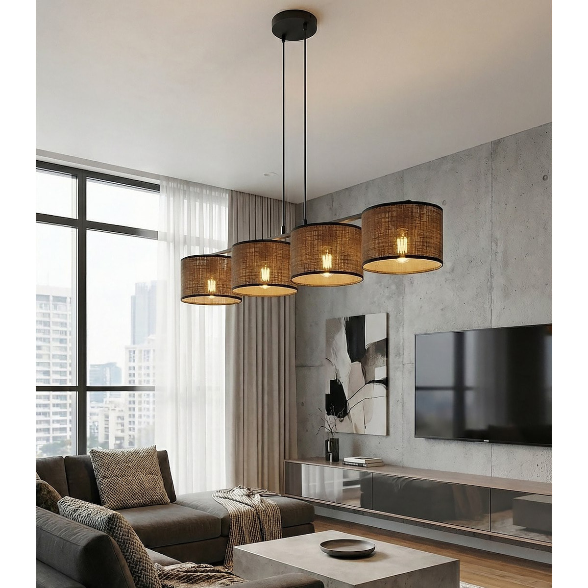 Lampada a sospensione ECO a 4 luci in acciaio nero e tessuto marrone
