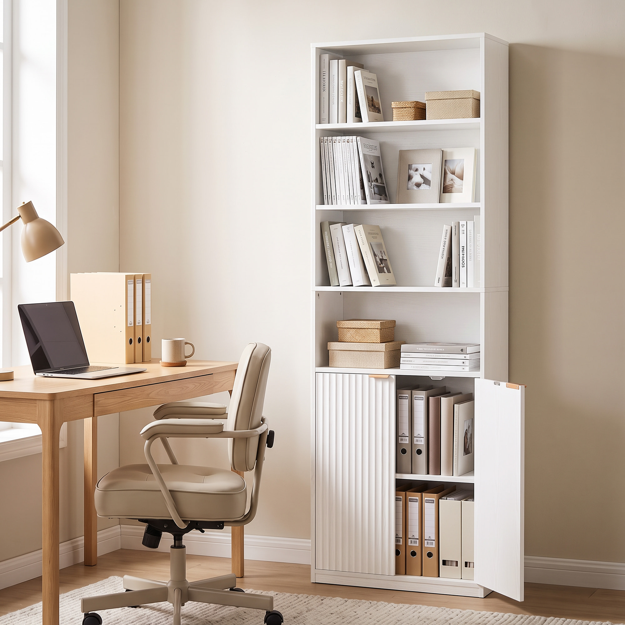 Estantería para Libros Alta y Estrecha, Librería de 6 Niveles con 4 Compartimentos Abiertos, Estante Ajustable, Cierres Magnéticos, Armario para Salón, Estudio, Oficina, 60x24x182 cm, Blanco
