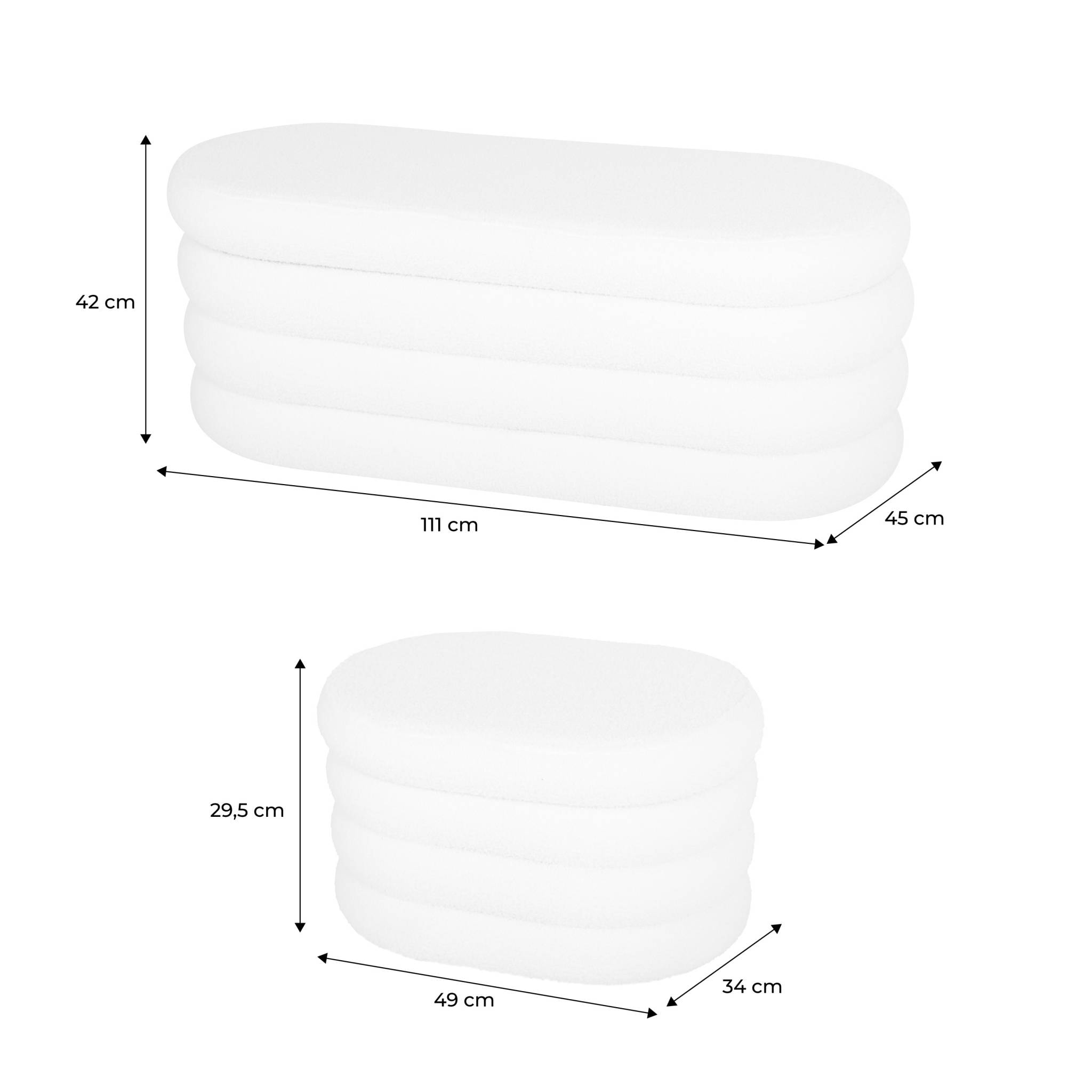 Banc coffre en bouclettes blanches avec 2 poufs ovales de rangement intégrés - L111cm