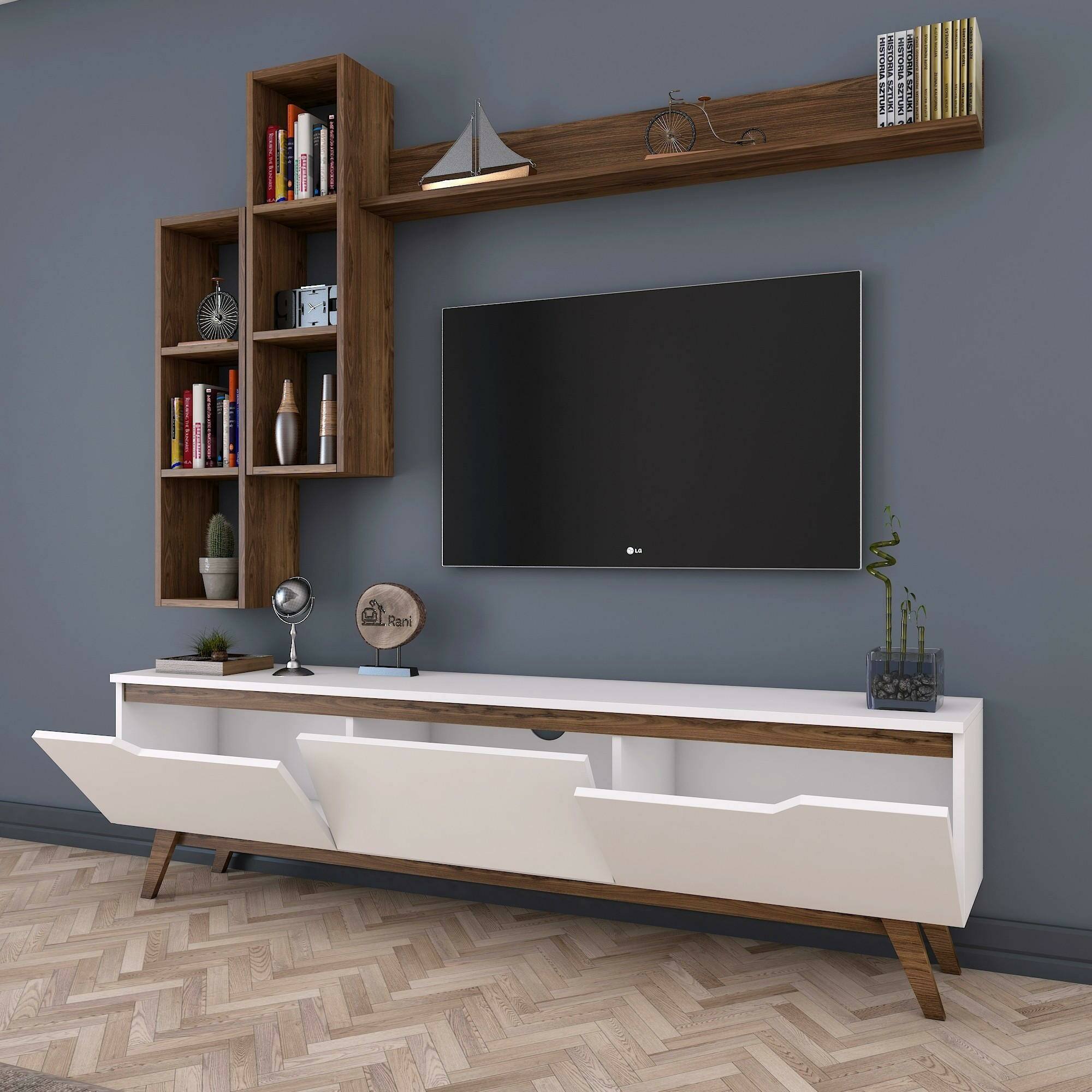 Mobile porta TV Dleonard, Credenza da soggiorno, Armadio basso per TV, Base parete attrezzata, 180x35h49 cm, Bianco e Noce