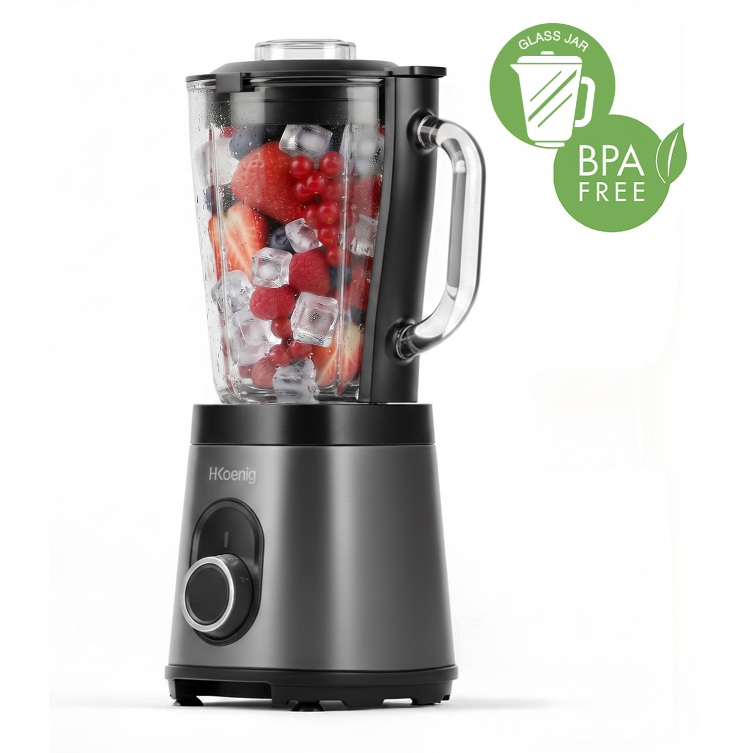 H.Koenig Batidora de Vaso MXK36 1,5L 550W, Licuadora Potente con Función Pica Hielo, Jarra de Cristal Graduada, 2 Velocidades + Pulse, gris antracite