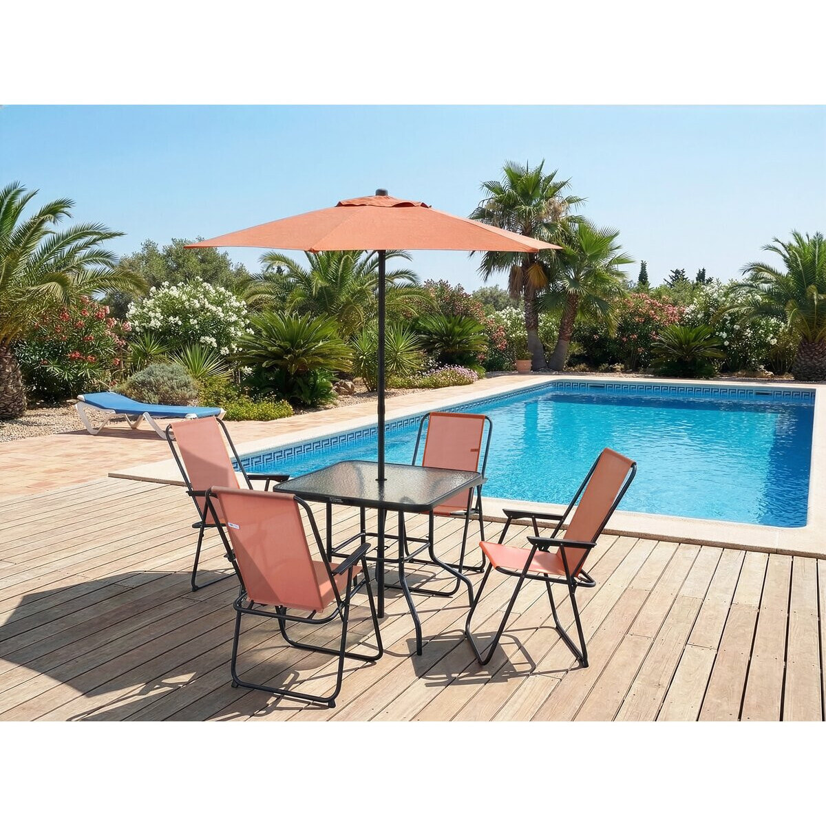 Table et chaises de jardin avec parasol en métal "Convivia" - 4 places - Terracotta