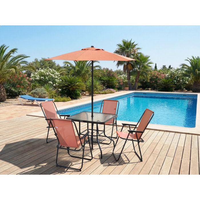 Table et chaises de jardin avec parasol en métal "Convivia" - 4 places - Terracotta