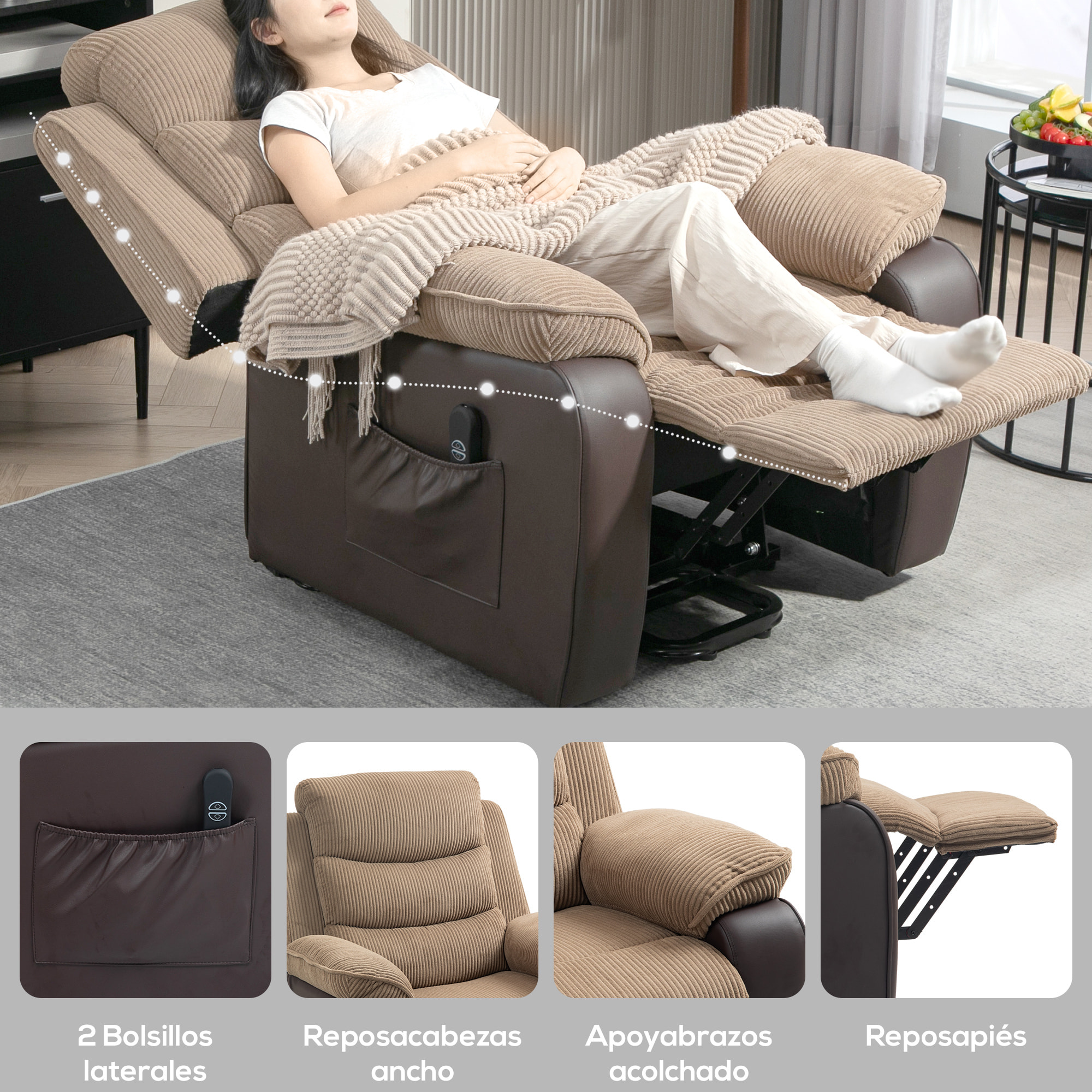 Sillón Relax Reclinable Eléctrico Levanta Personas, Sillón Elevador, con Puerto USB, Control Remoto, Reposapiés, Tapizado en Pana, Bolsillos Laterales, Marrón