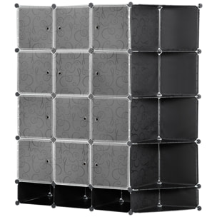 HOMCOM Armario Modular de Plástico Armario Portátil con 16 Cubos y 2 Barras Organizador de Zapatos Ropas Juguetes para Entrada Pasillo Dormitorio 145x46x162 cm Negro y Blanco