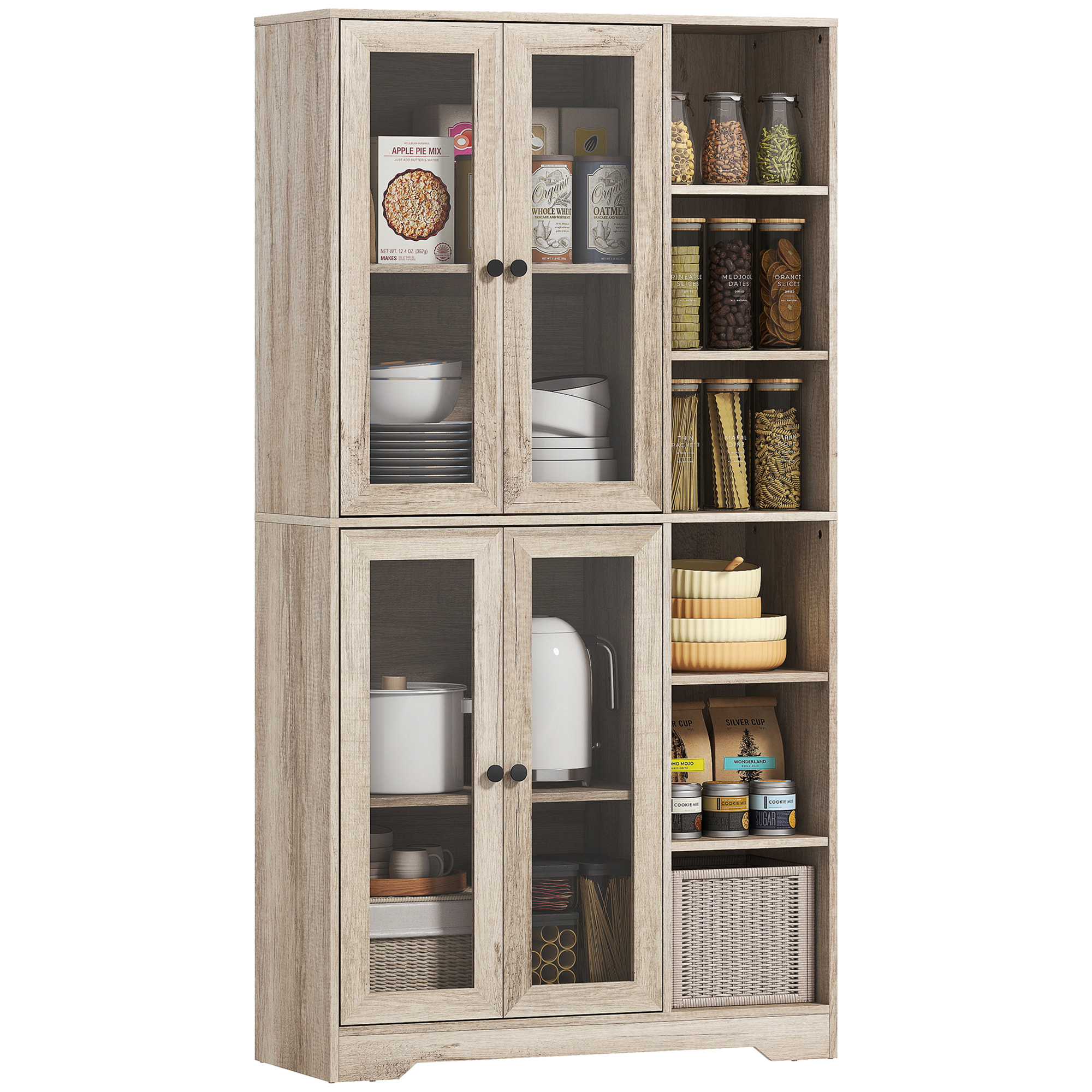 Alacena de Cocina, Mueble Auxiliar de Cocina con Estantes Abiertos y 4 Puertas de Vidrio con Cierre Suave, Estantes Ajustables, para Comedor, Salón, 90x35x172 cm, Gris Claro