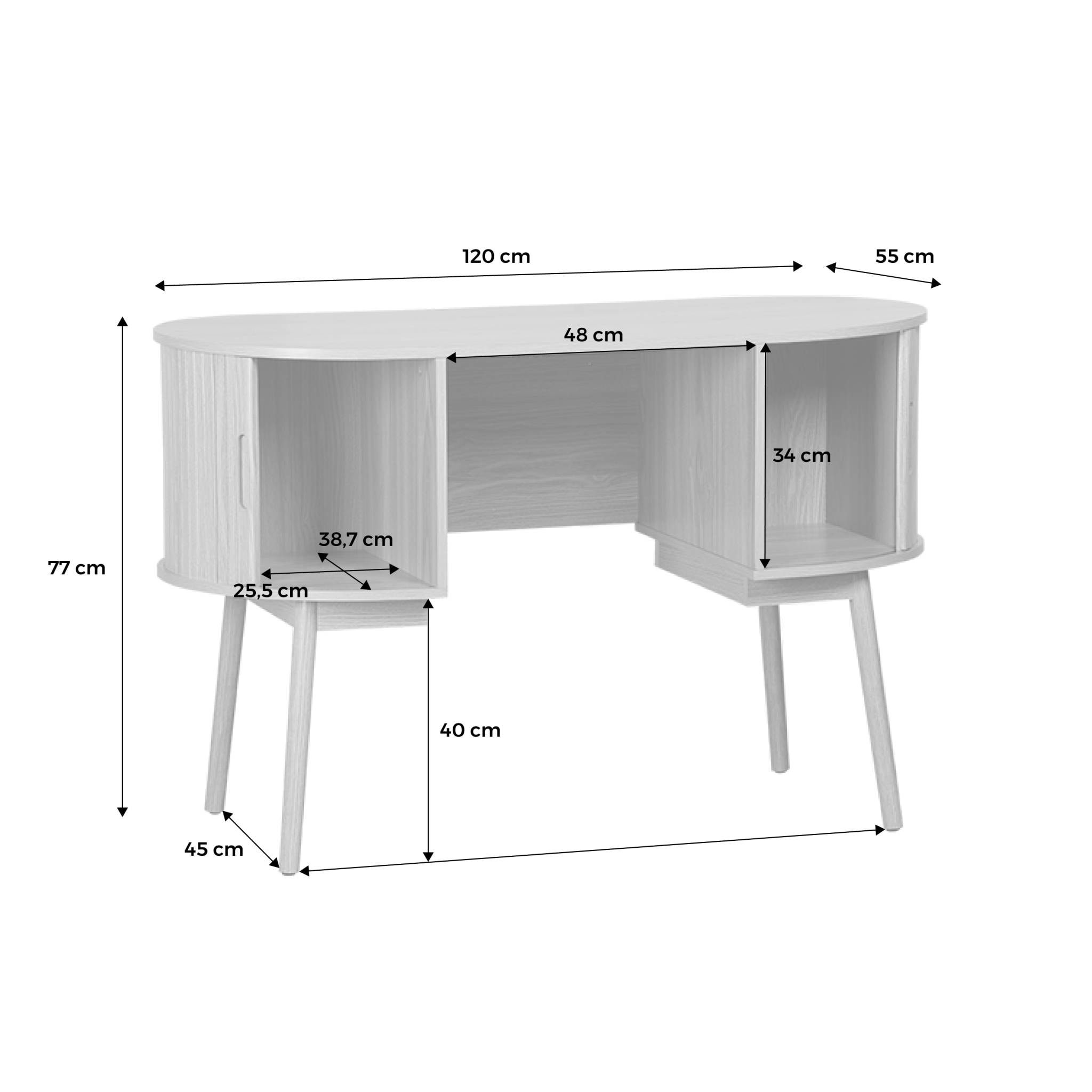 Bureau ovale décor bois rainuré avec deux espaces de rangement. L 120 x P 55 x H 77 cm