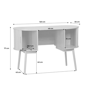 Bureau ovale décor bois rainuré avec deux espaces de rangement. L 120 x P 55 x H 77 cm