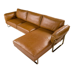Sofá chaise longue Angel Cerdá derecha de 5 plazas tapizado en piel de origen vacuno en camel patas de acero inoxidable en dorado 302x166x84cm