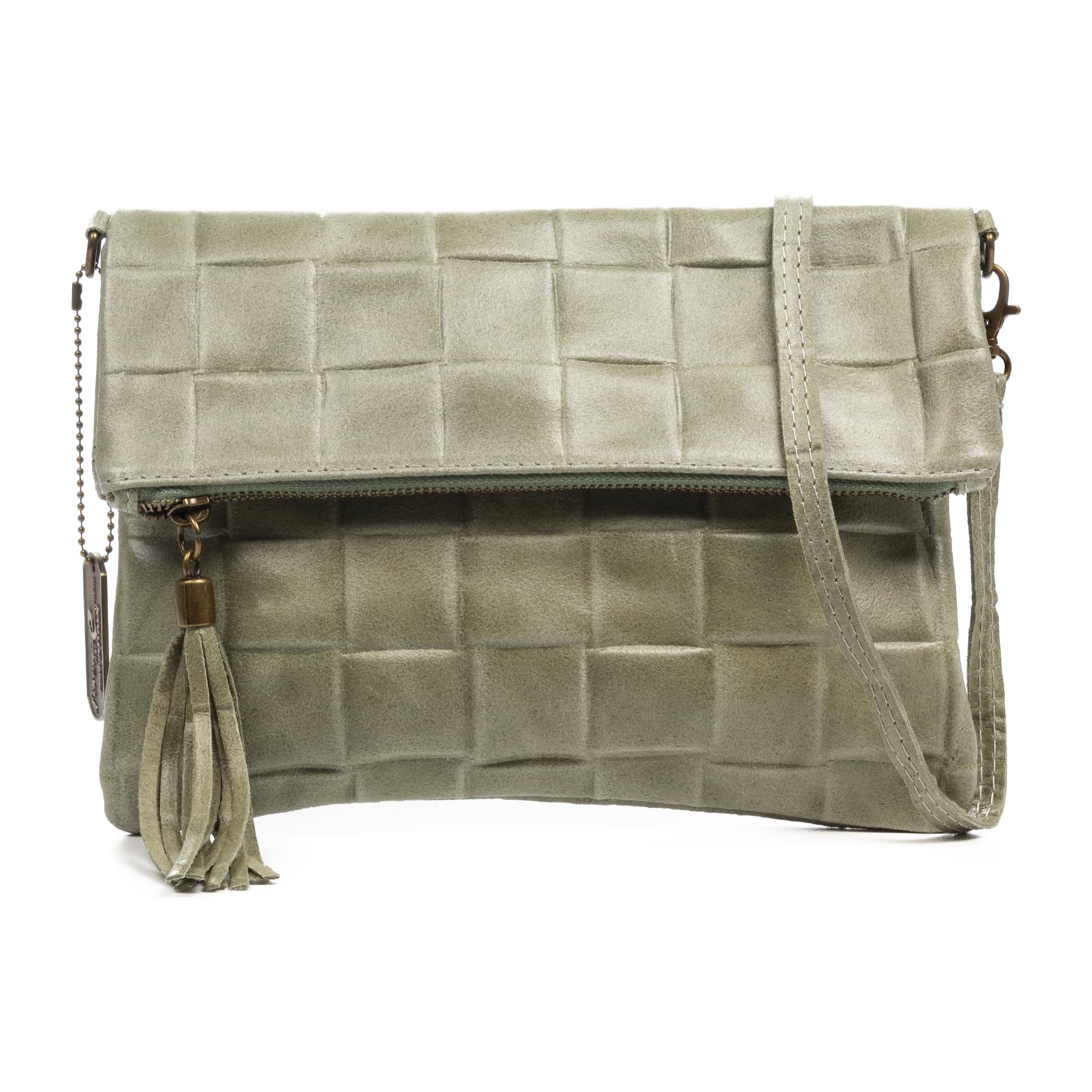 FIRENZE ARTEGIANI Alzano bolso bandolera mujer. Piel auténtica Gamuza con grabado geométrico grande. Fabricado en Italia 27x5x29 Cm. Color: Verde Claro Militar