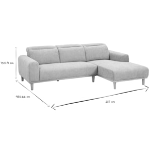 Canapé d'angle droit 3 places avec têtières ajustables en tissu effet velours texturé beige et bois clair HORACIO