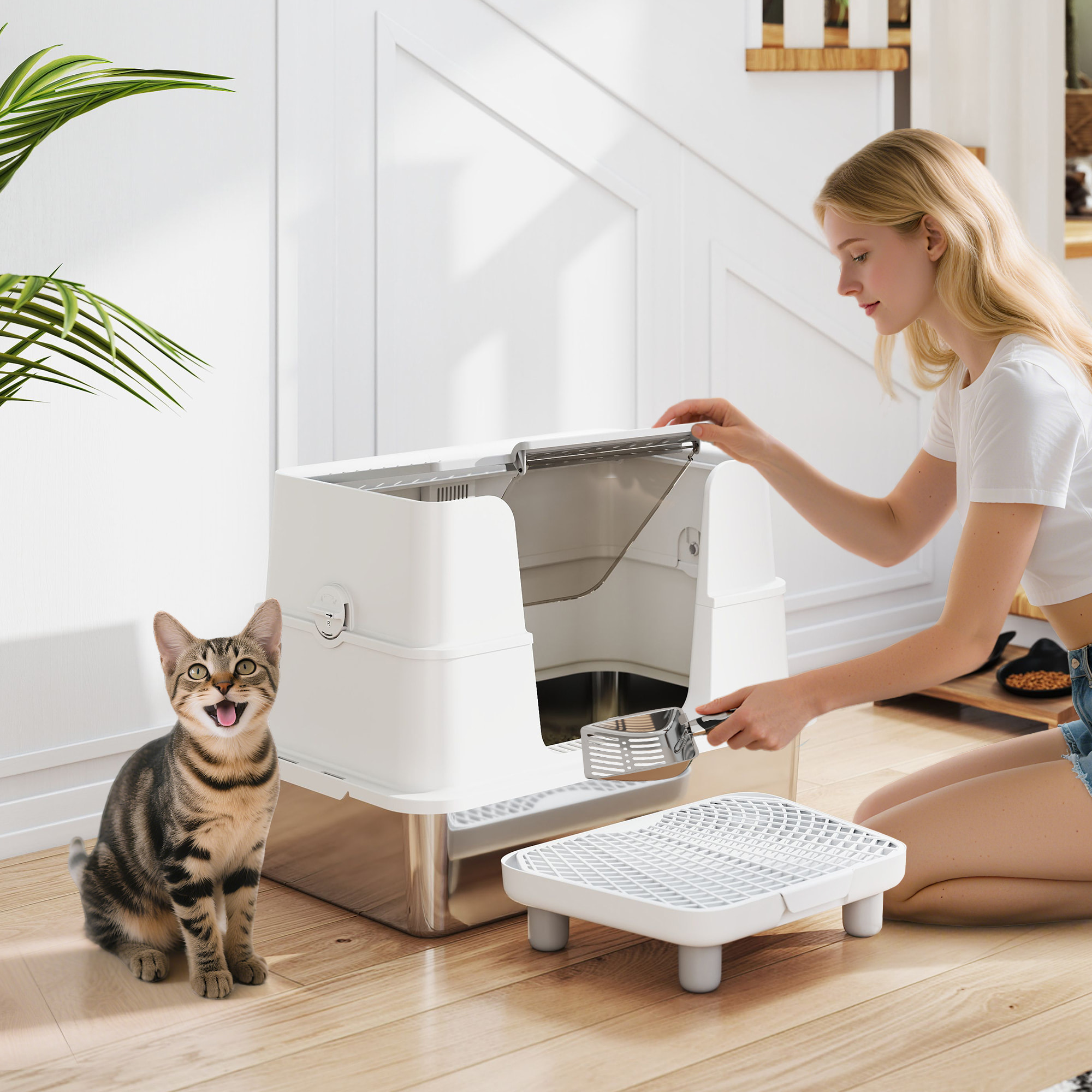 Bac à litière avec ouvercle pivotant 100° inox gris clair