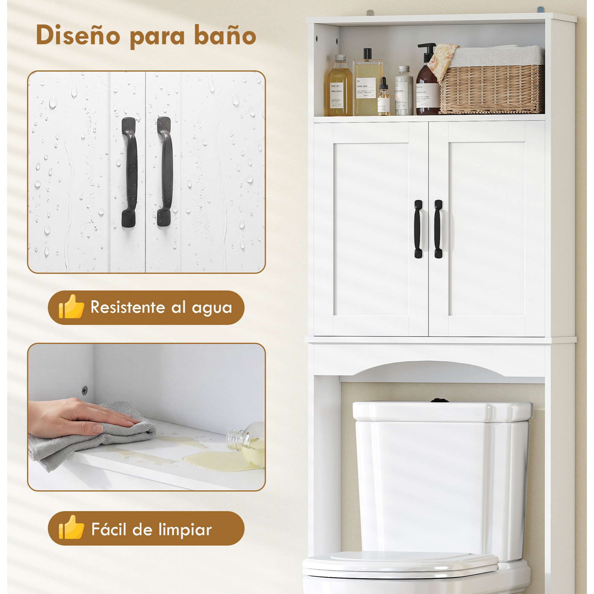 Mueble sobre Inodoro, Armario sobre Inodoro, Mueble de Baño con 2 Puertas de Cierre Silencioso, Estante Abierto para Lavanderías, Espacios Pequeños, 64x21x173,5 cm, Blanco