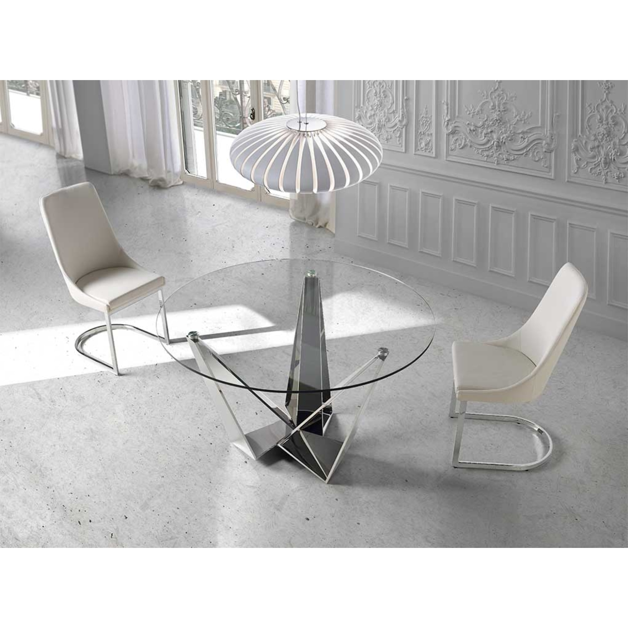 Mesa fija circular – Vidrio y acero efecto espejo