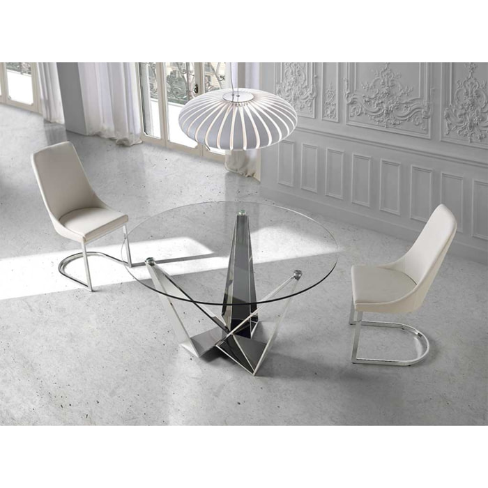 Mesa fija circular – Vidrio y acero efecto espejo