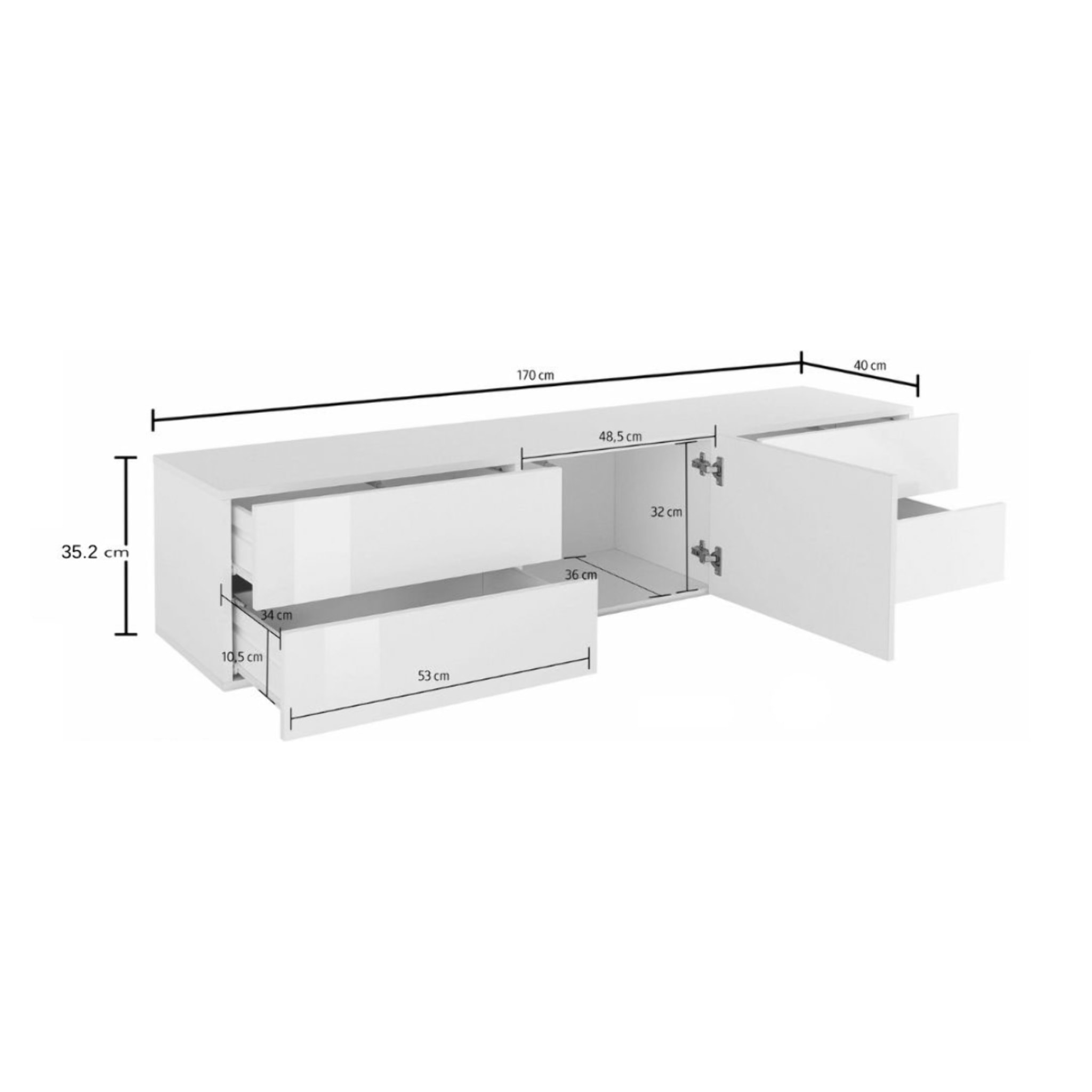 Mobile da soggiorno Porta TV, Made in Italy, Supporto per TV da salotto rialzato con 1 anta e 4 cassetti, cm 170x40h47, colore Bianco lucido