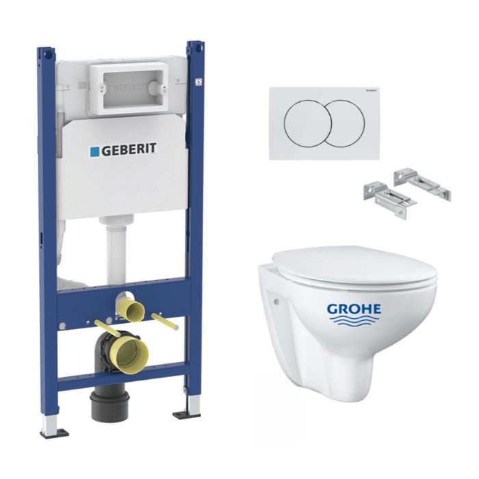 Pack WC Bati-support Geberit Duofix + WC Grohe Bau Ceramic + Abattant softclose + Plaque blanche (BauGeb3)