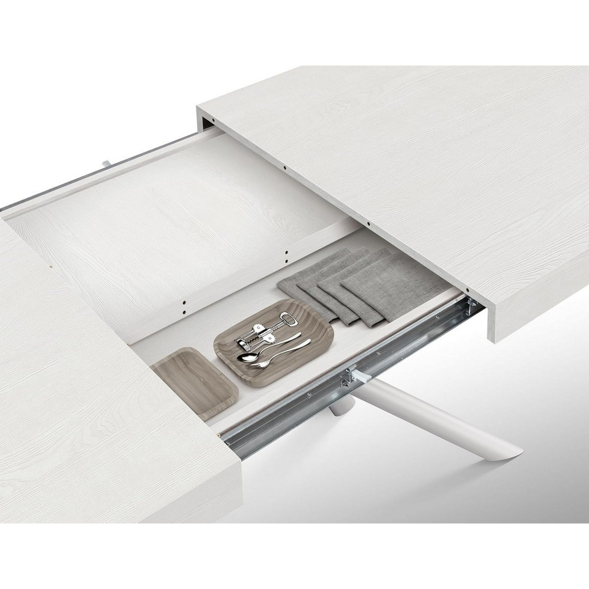 Tavolo CARRARA in legno, finitura bianco frassinato e base in metallo verniciato bianco, allungabile 140x90 cm - 220x90 cm