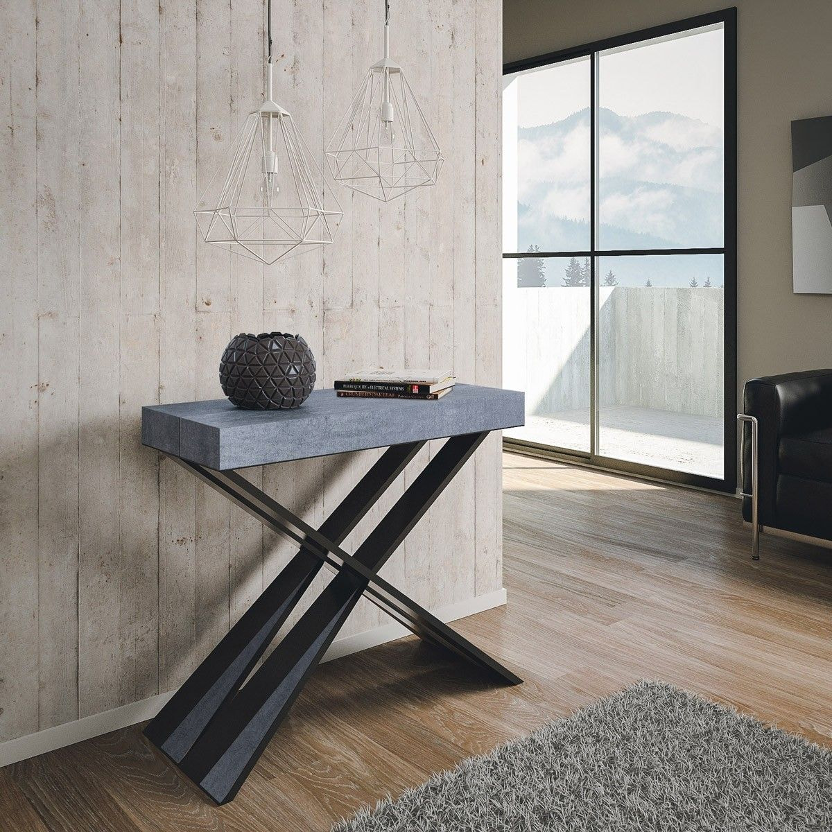 Console extensible 90x40/196 cm Diago Small Gris Béton cadre Anthracite