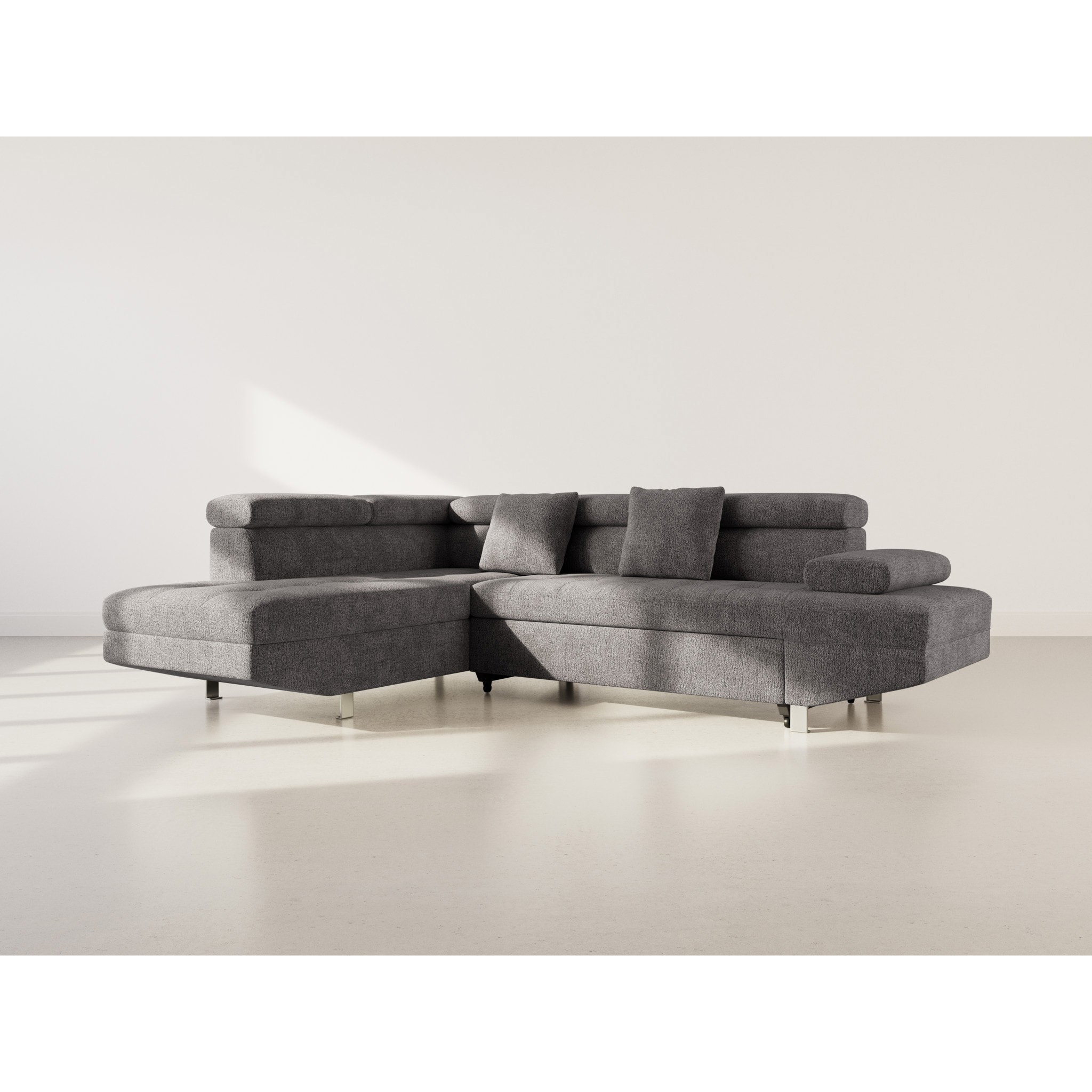 Margaux - Canapé d'angle gauche 5 places convertible avec coffre et têtières réglables en velours texturé - Gris