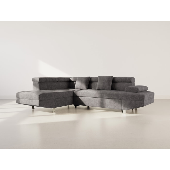Margaux - Canapé d'angle gauche 5 places convertible avec coffre et têtières réglables en velours texturé - Gris