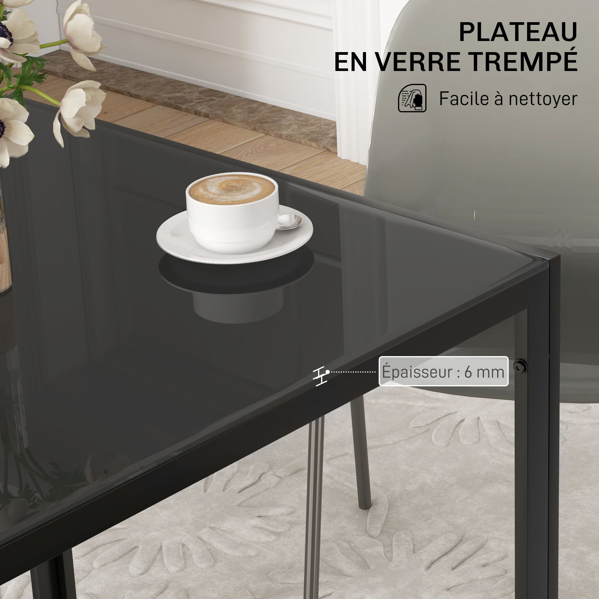 Table à manger carrée 2-4 pers. dim. 75x75x75cm plateau verre trempé 6 mm métal noir