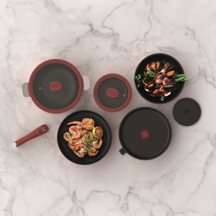 MasterPRO Share & Play Batería de cocina apilable de 10Pcs, Color Rojo, Mango extraíble, Aluminio fundido, Revestimiento cerámico, Control térmico