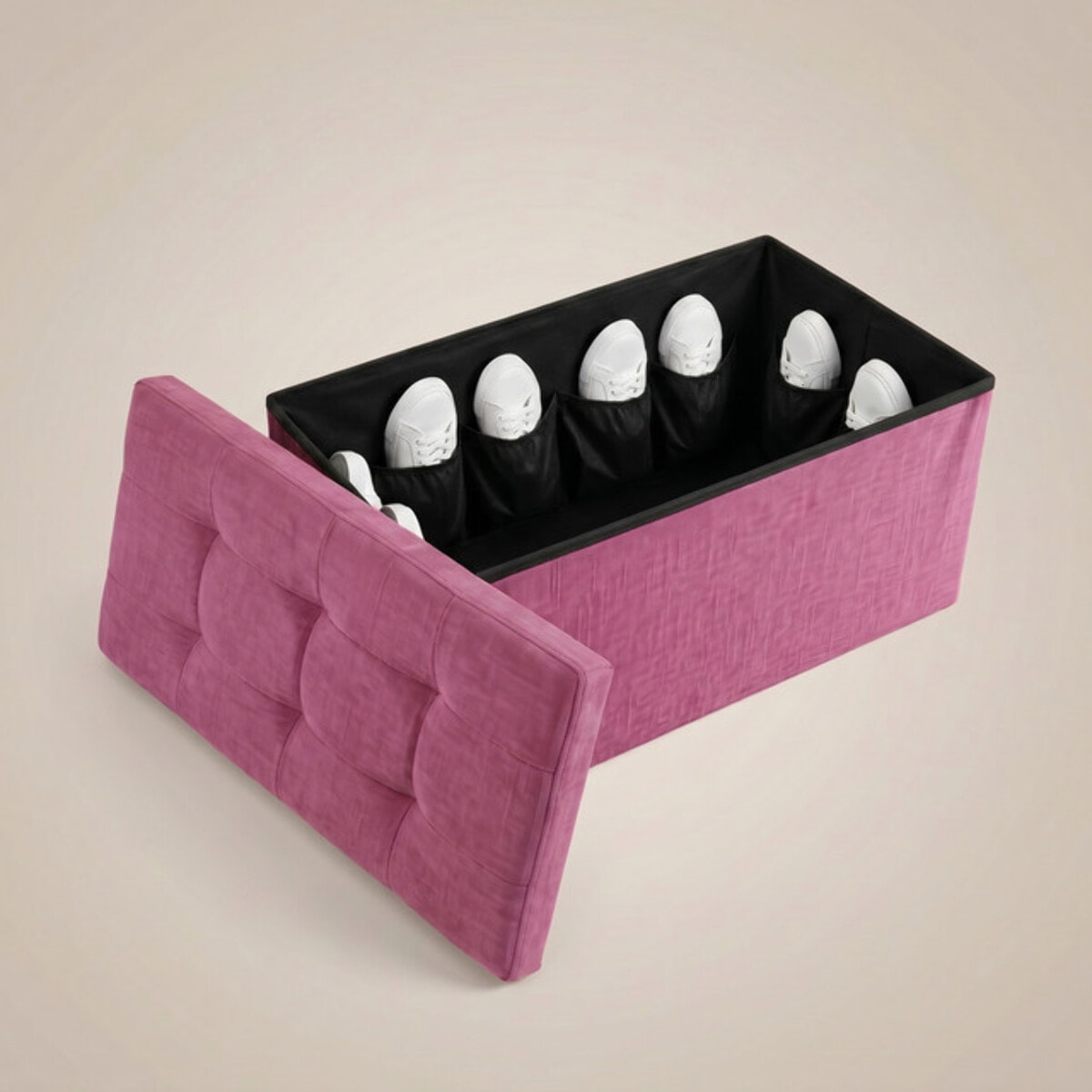 Pouf contenitore imbottito in tessuto con seduta lunga, panca multifunzione con spazio interno, ideale come poggiapiedi, seduta o contenitore, pratico e versatile per soggiorno, camera o ingresso, facile da pulire, dimensioni 76x34x34 cm
