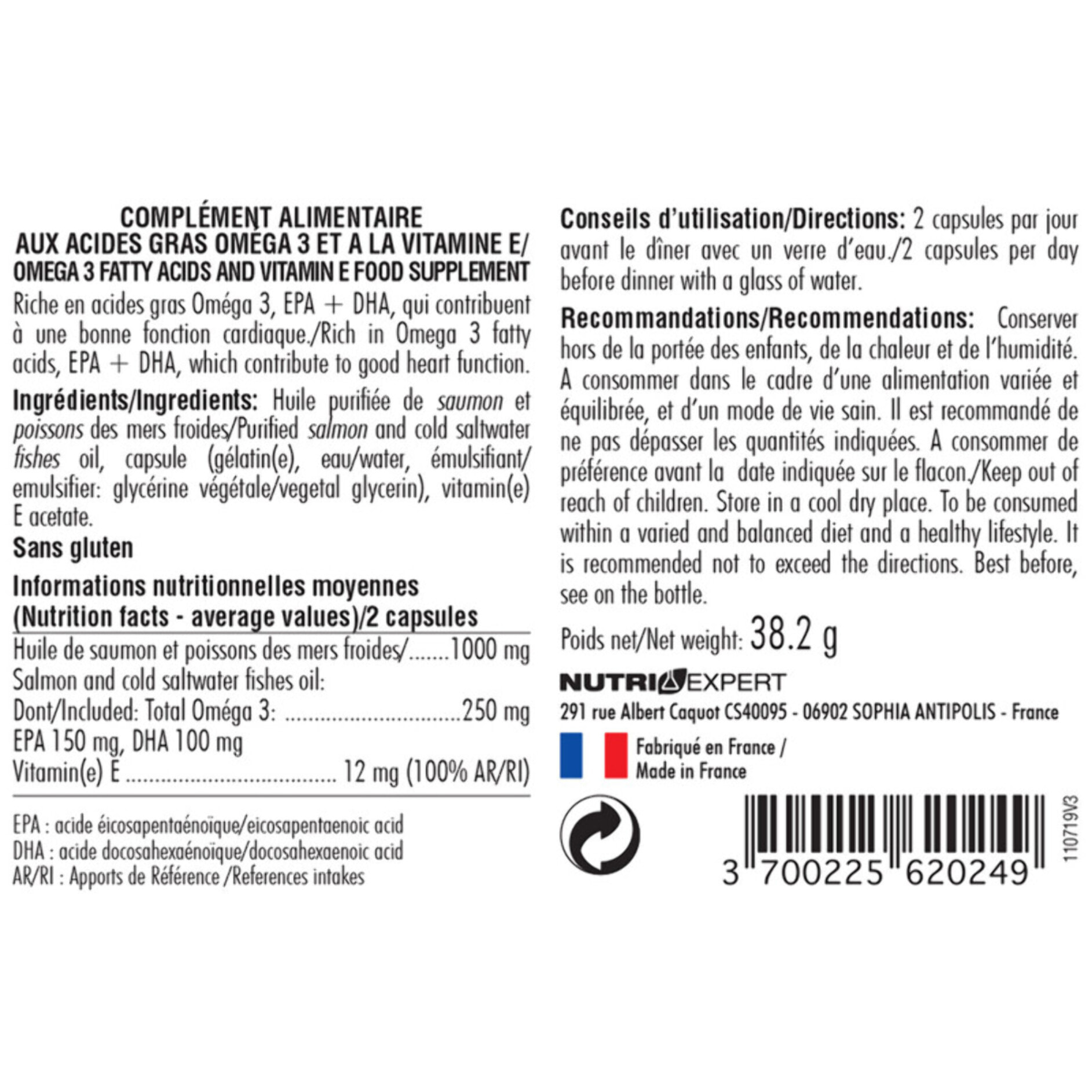 NUTRI EXPERT - Oméga 3 - Fonctionnement cérébral + cardiovasculaire - Riche en acides gras Oméga 3, EPA + DHA - Huile purifiée de poissons des mers froides - Cure 30 jours - Marque Française - Lot de 3