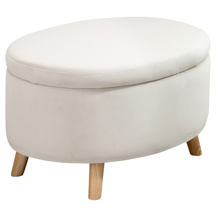 Pouf coffre de rangement - repose-pieds velours - dim. 71 x 51,5 x 42 cm - piètement bois hévéa beige