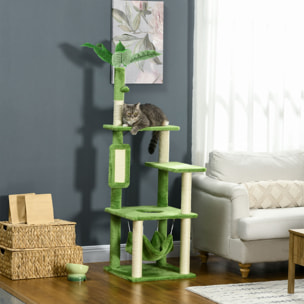 Árbol Rascador para Gatos Grandes de 142 cm Torre para Gatos de Interior con Postes de Sisal Plataformas Hamaca Hojas y Bola de Juguete 49x49x142 cm Verde