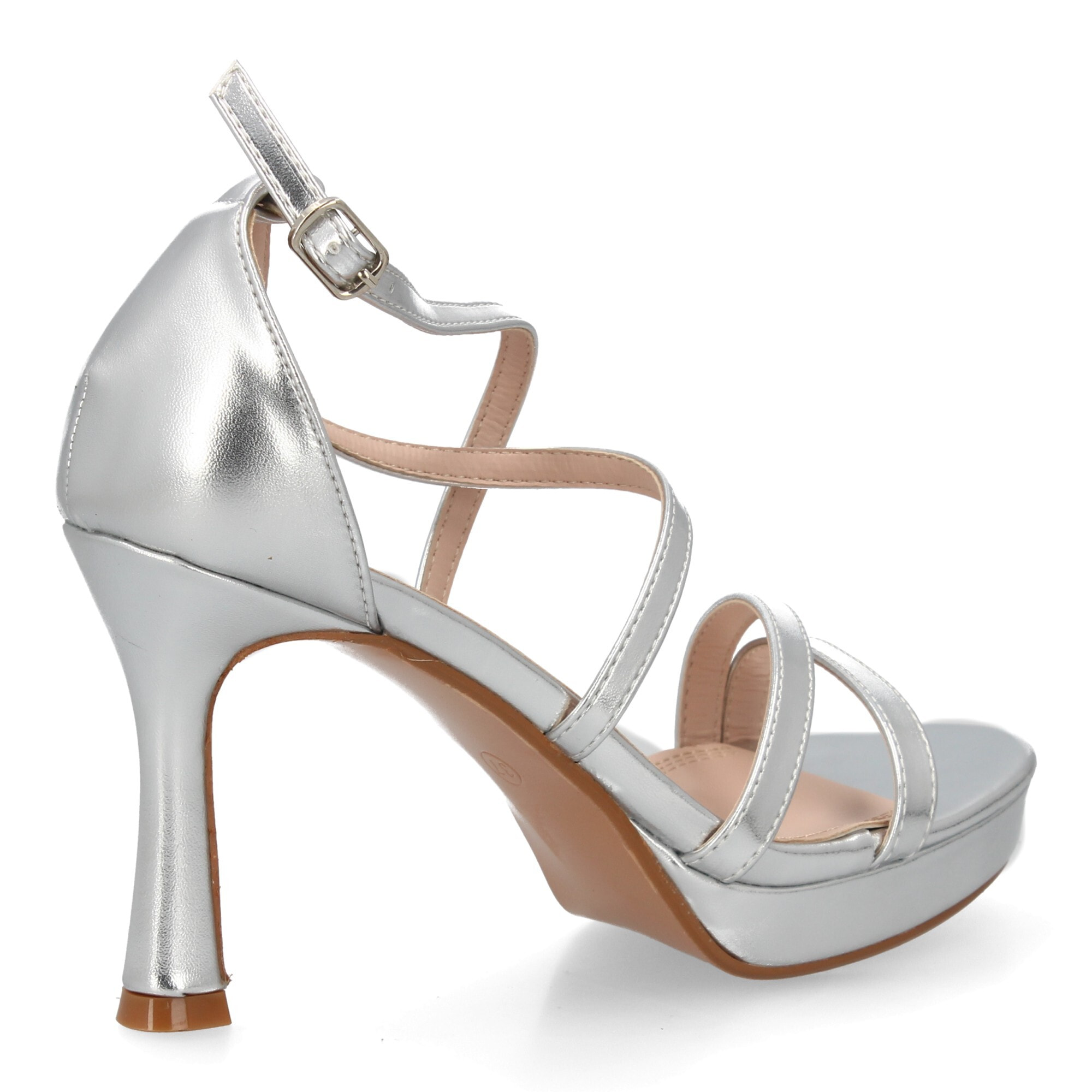 Sandalia tacón fino tiras onduladas para mujer.