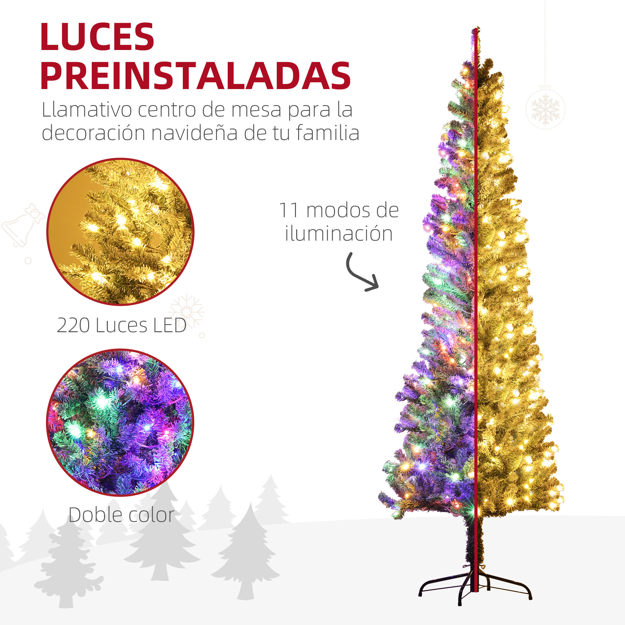 Árbol de Navidad 225 cm Árbol de Navidad Artificial con 220 Luces LED de Dos Colores 519 Ramas Control Remoto y Soporte de Acero Árbol Navideño para Salón Interior Verde