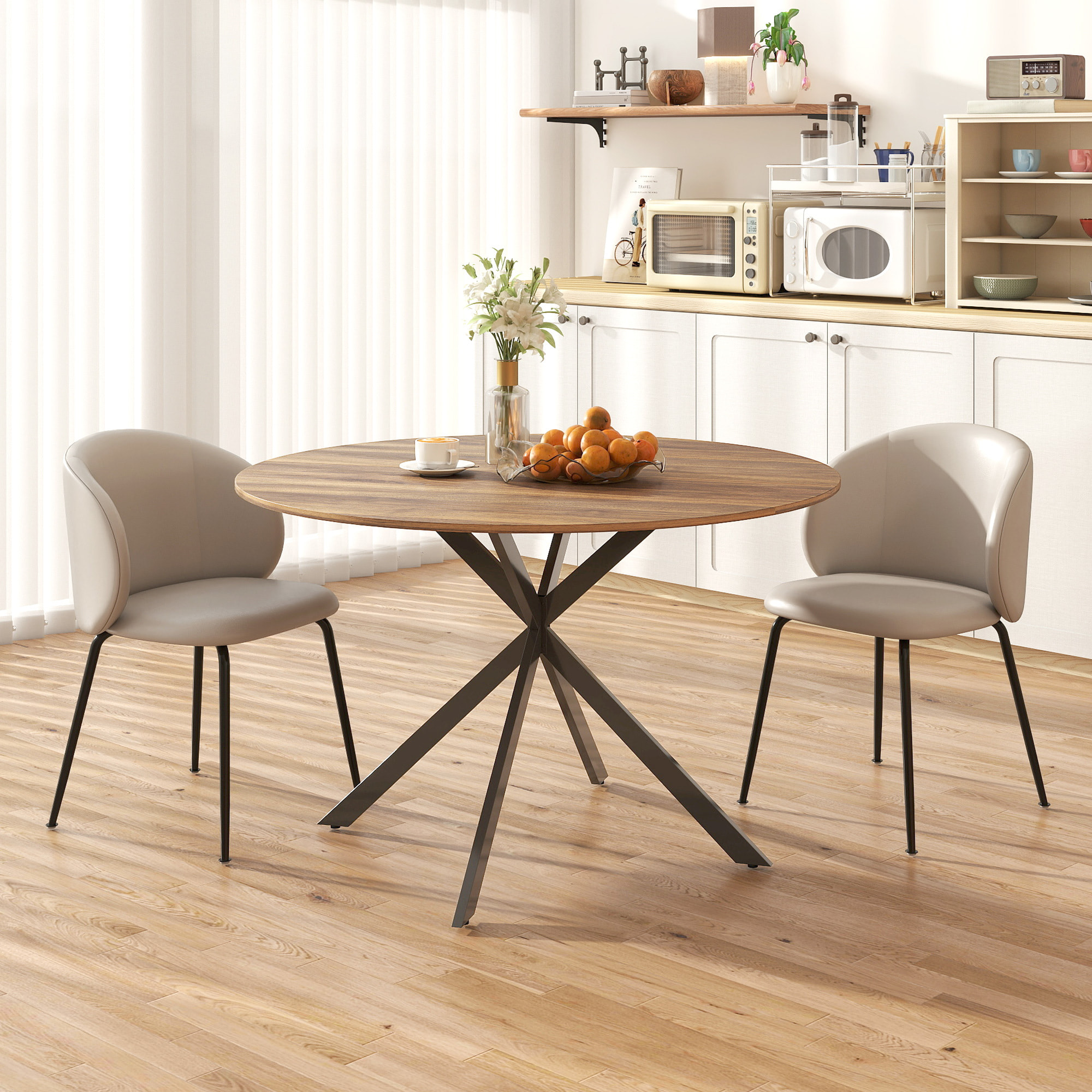 Table ronde bois 4 personnes dia. 120 cm style industriel piètement croisé acier noir noyer