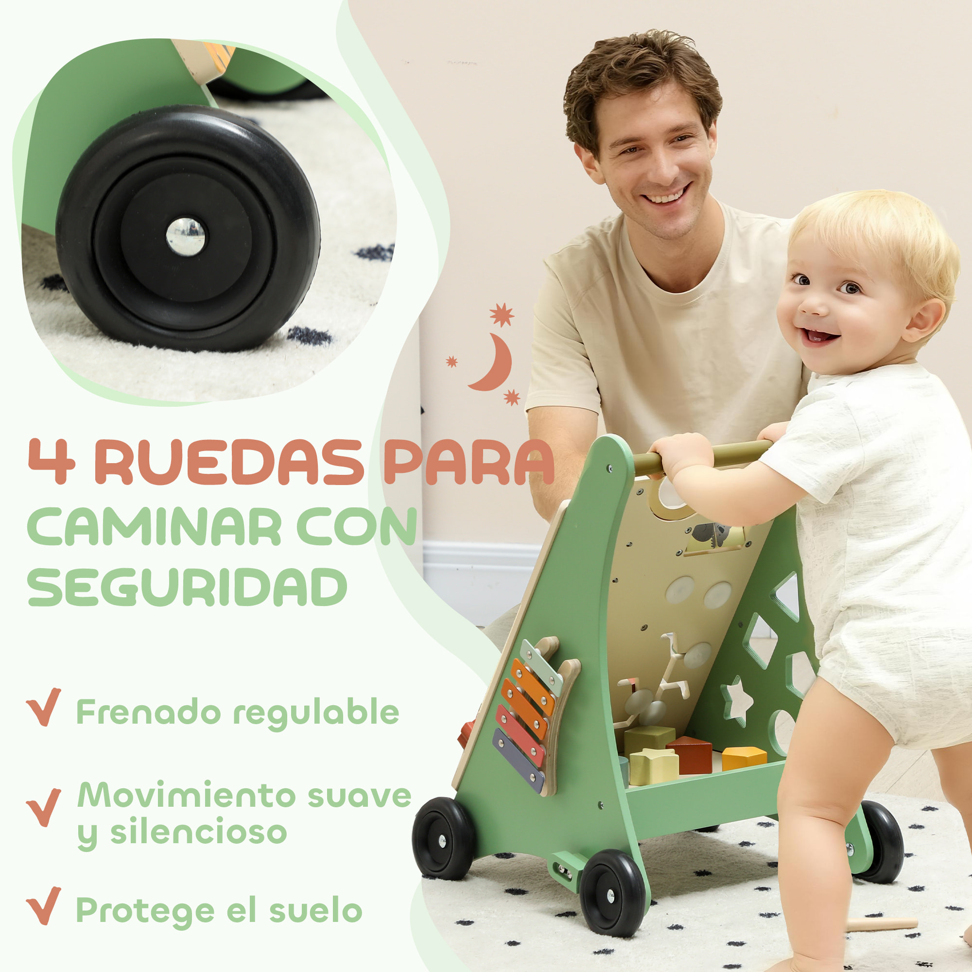 Andador Madera Bebé, Juguete de Andador, Centro de Actividades de Aprendizaje Montessori Control de Velocidad, con Xilófono, Engranajes, Laberinto, Cuentas, Para Niños de +18 Meses, Verde