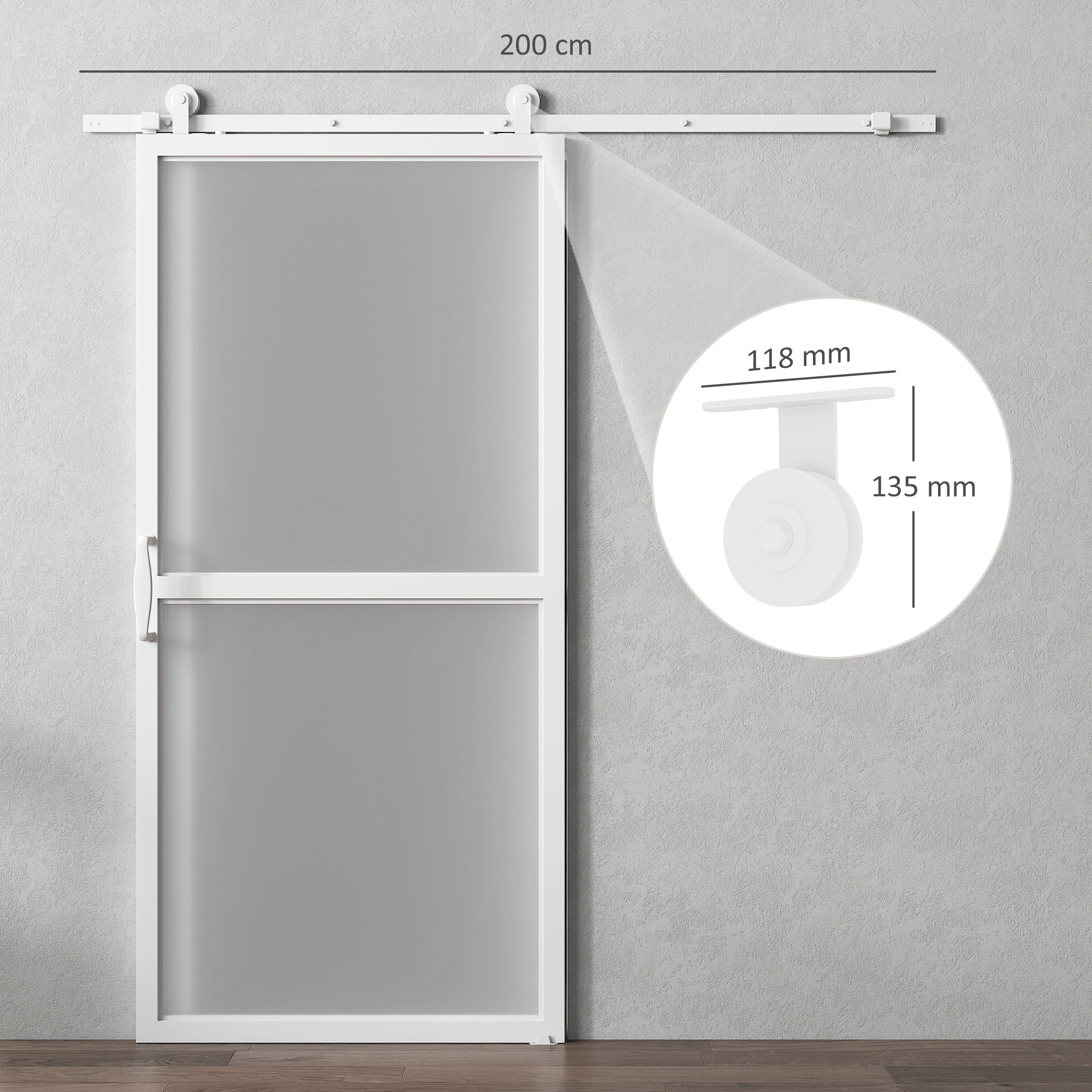 Herrajes para Puertas Correderas 200 cm, Kit de Accesorios para Puerta Corredera con 2 Rieles de Acero al Carbono y Guía de Suelo, para Garaje, Armario, Blanco
